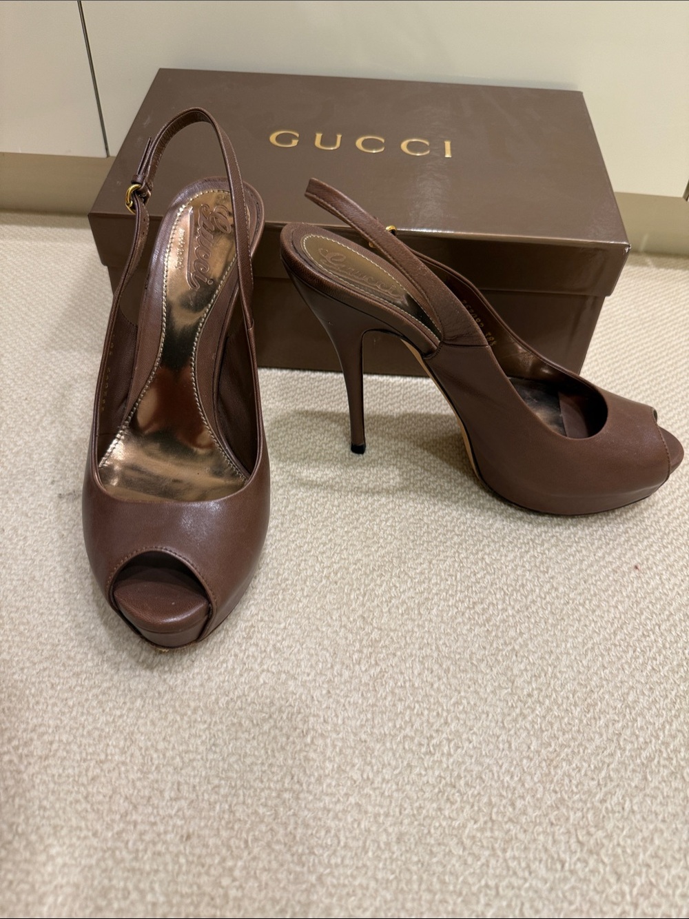 Gucci Chocolate Brown Peep-Toe Slingback Stiletto Heels